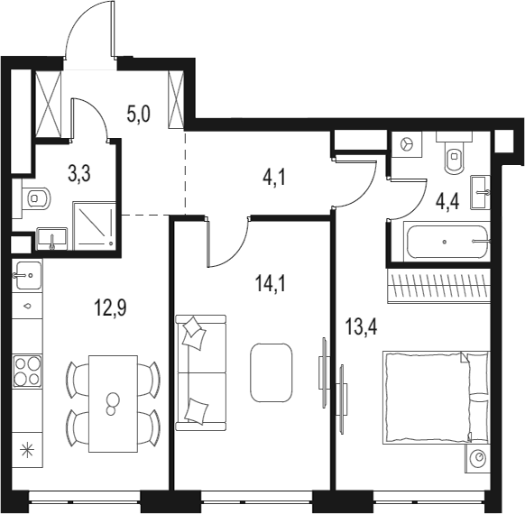 2-комн., 57.2 м², 40/42 этаж, ЖК «Левел Мичуринский»