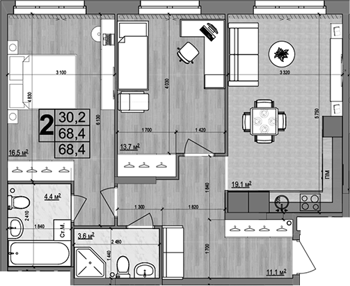 3-комн., 68.4 м², 3/18 этаж, ЖК «Гранд Комфорт»