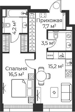 2-комн., 47 м², 2/38 этаж, ЖК «Веер»