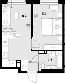 1-комн., 34 м², 3/18 этаж, ЖК «Грейд»