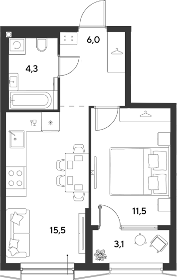 1-комн., 37.3 м², 2/18 этаж, ЖК «Ридз»