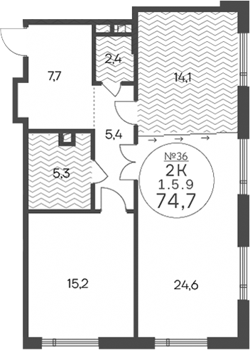 2-комн., 74.7 м², 5/14 этаж, ЖК «Клубный квартал КРЫЛАТСКАЯ 33»