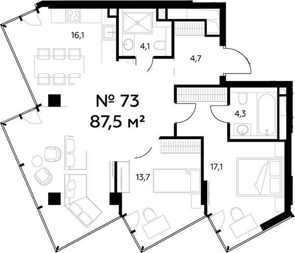 3-комн., 87.5 м², 15/27 этаж, ЖК «Монблан»