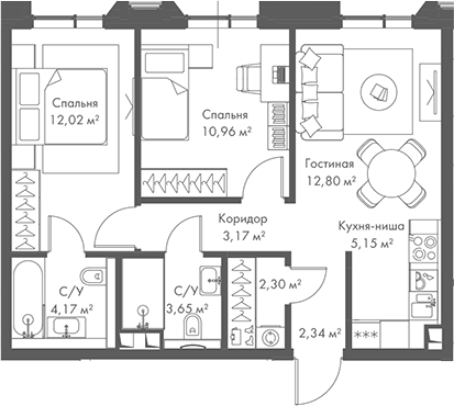 3-комн., 56.56 м², 18/22 этаж, ЖК «МИРА»
