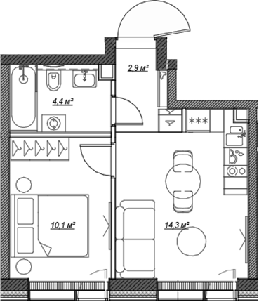 2-комн., 31.8 м², 45/46 этаж, ЖК «Веер»