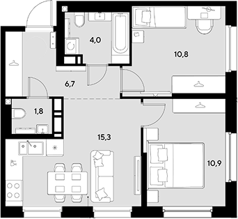 2-комн., 49.5 м², 14/18 этаж, ЖК «Грейд»