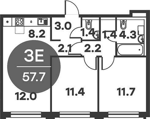 3-комн., 57.7 м², 3/6 этаж, ЖК «Равновесие»