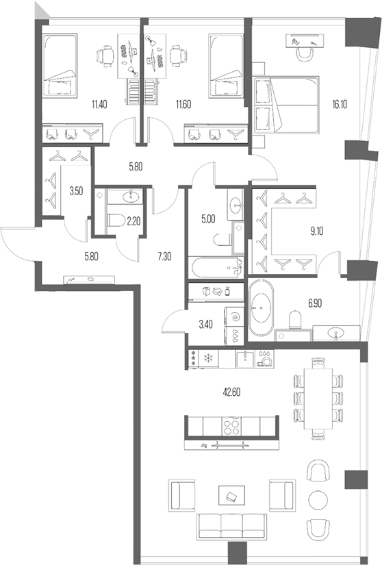 3-комн., 130.7 м², 14/24 этаж, ЖК «Северный Порт»