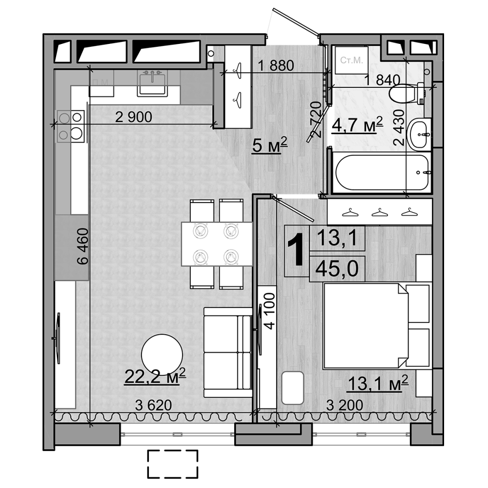 2-комн., 45 м², 2/18 этаж, ЖК «Гранд Комфорт»
