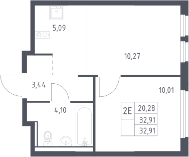 2-комн., 32.91 м², 14/17 этаж, ЖК «Пригород Лесное»