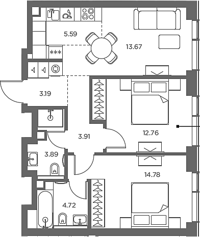 3-комн., 62.51 м², 44/49 этаж, ЖК «TATE»