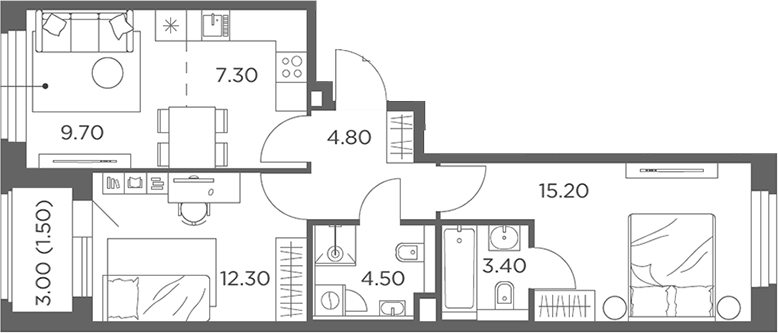3-комн., 57.2 м², 18/23 этаж, ЖК «Белый Град»