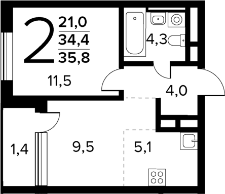 2-комн., 34.4 м², 4/11 этаж, ЖК «Новые Ватутинки Квартал у реки»