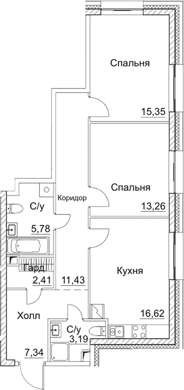 3-комн., 75.38 м², 21/28 этаж, ЖК «СЕЗАР СИТИ»