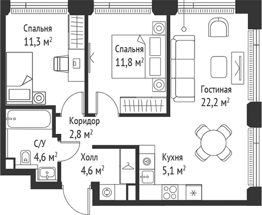 3-комн., 62.5 м², 43/52 этаж, ЖК «СЕТ»