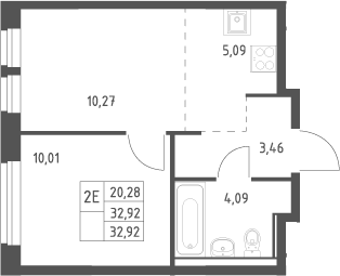 2-комн., 32.92 м², 12/17 этаж, ЖК «Квартал Ивакино»