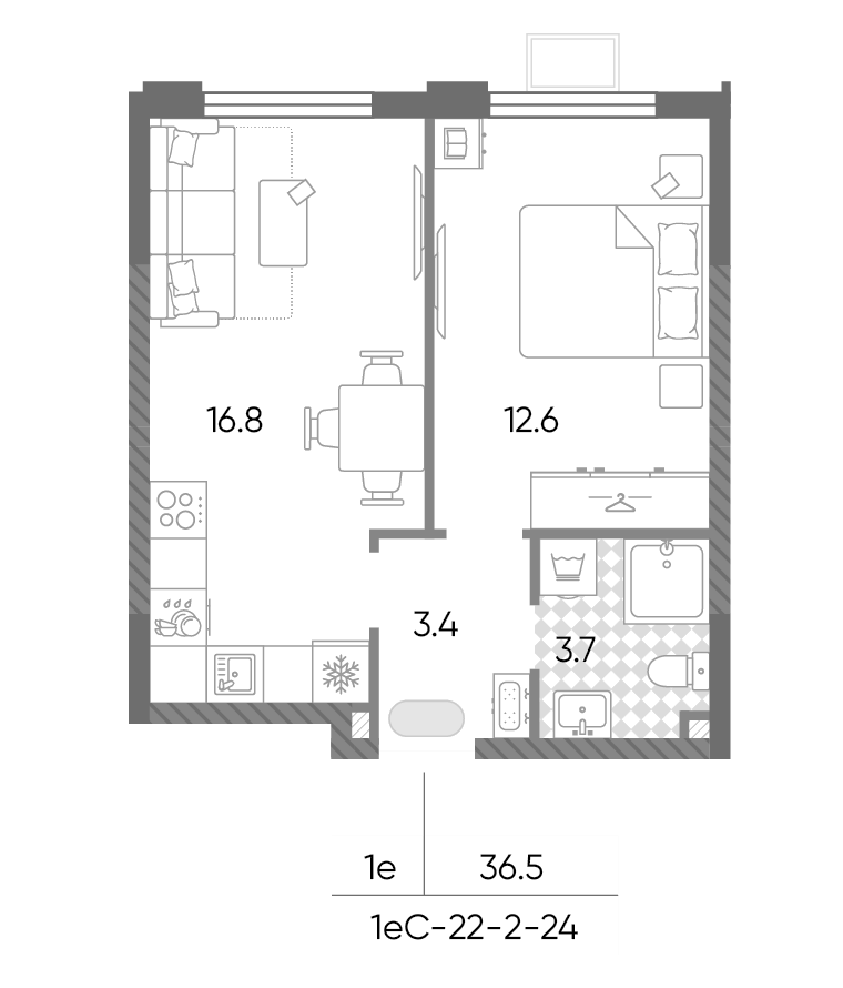 2-комн., 36.5 м², 22/24 этаж, ЖК «Лучи»