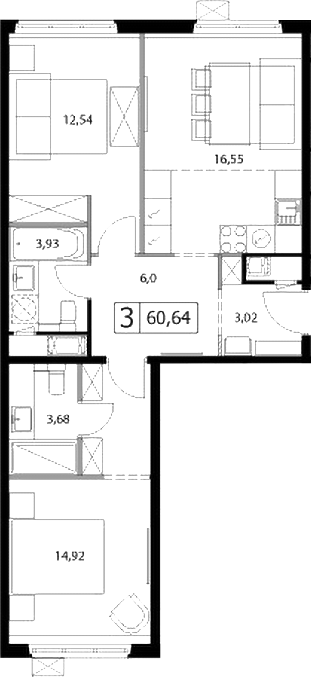 3-комн., 60.64 м², 2/17 этаж, ЖК «У реки.Эко Видное 2.0»