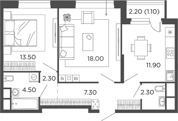 2-комн., 59.8 м², 9/22 этаж, ЖК «Филатов Луг»