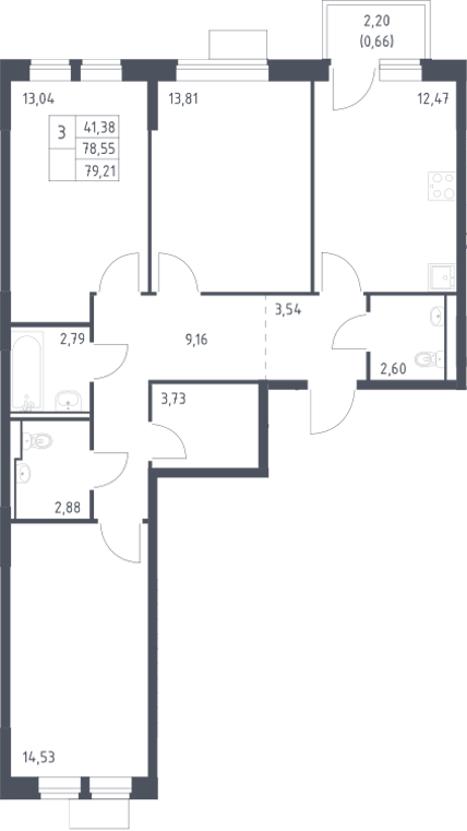 3-комн., 78.55 м², 12/16 этаж, ЖК «Молжаниново»