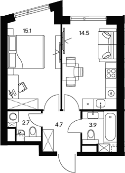 1-комн., 40.9 м², 19/46 этаж, ЖК «НЕКСУС от Аквилон»