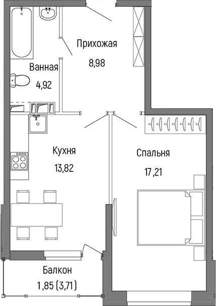 1-комн., 44.93 м², 8/9 этаж, ЖК «Рига Хиллс»