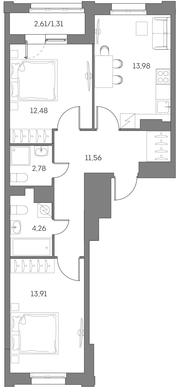 2-комн., 57.81 м², 11/12 этаж, ЖК «Аквилон БИСАЙД 2.0»