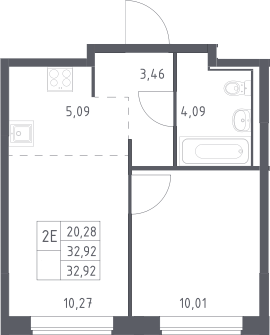 2-комн., 32.92 м², 12/17 этаж, ЖК «Прибрежный Парк»