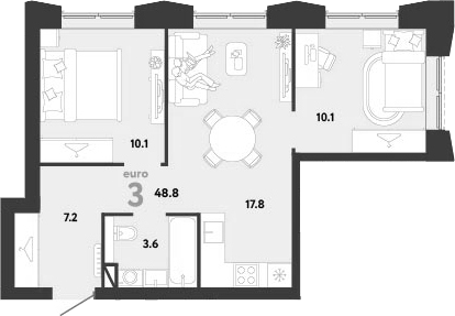 3-комн., 48.8 м², 6/33 этаж, ЖК «Страна.Заречная»
