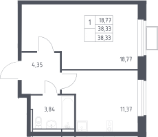 1-комн., 38.33 м², 10/12 этаж, ЖК «Новое Видное»