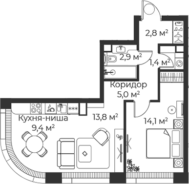 2-комн., 49.4 м², 9/38 этаж, ЖК «Веер»