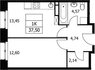 1-комн., 37.5 м², 4/21 этаж, ЖК «Волковская 67»