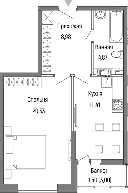 1-комн., 45.59 м², 6/9 этаж, ЖК «Рига Хиллс»