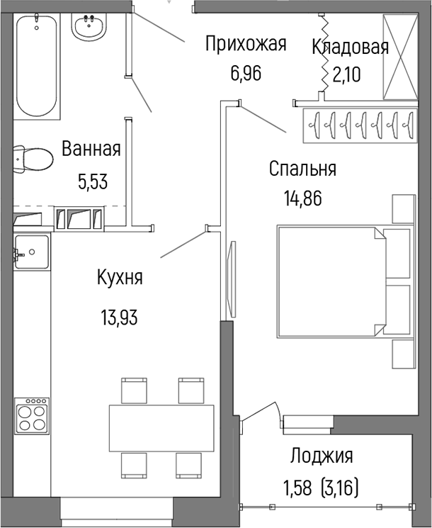 1-комн., 43.38 м², 3/9 этаж, ЖК «Рига Хиллс»