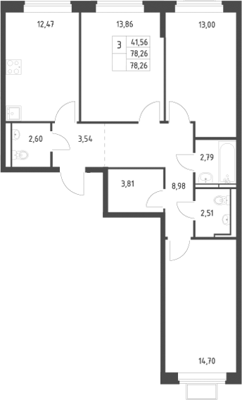 3-комн., 78.26 м², 7/12 этаж, ЖК «Новое Видное»