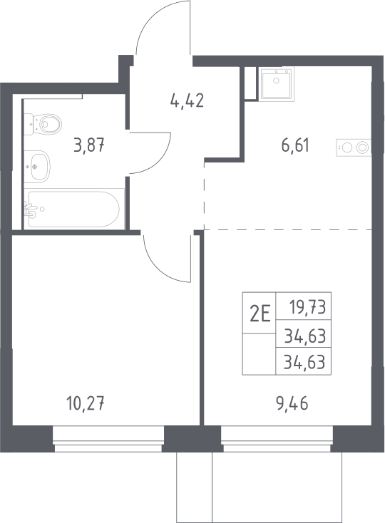 2-комн., 34.63 м², 14/17 этаж, ЖК «Пригород Лесное»