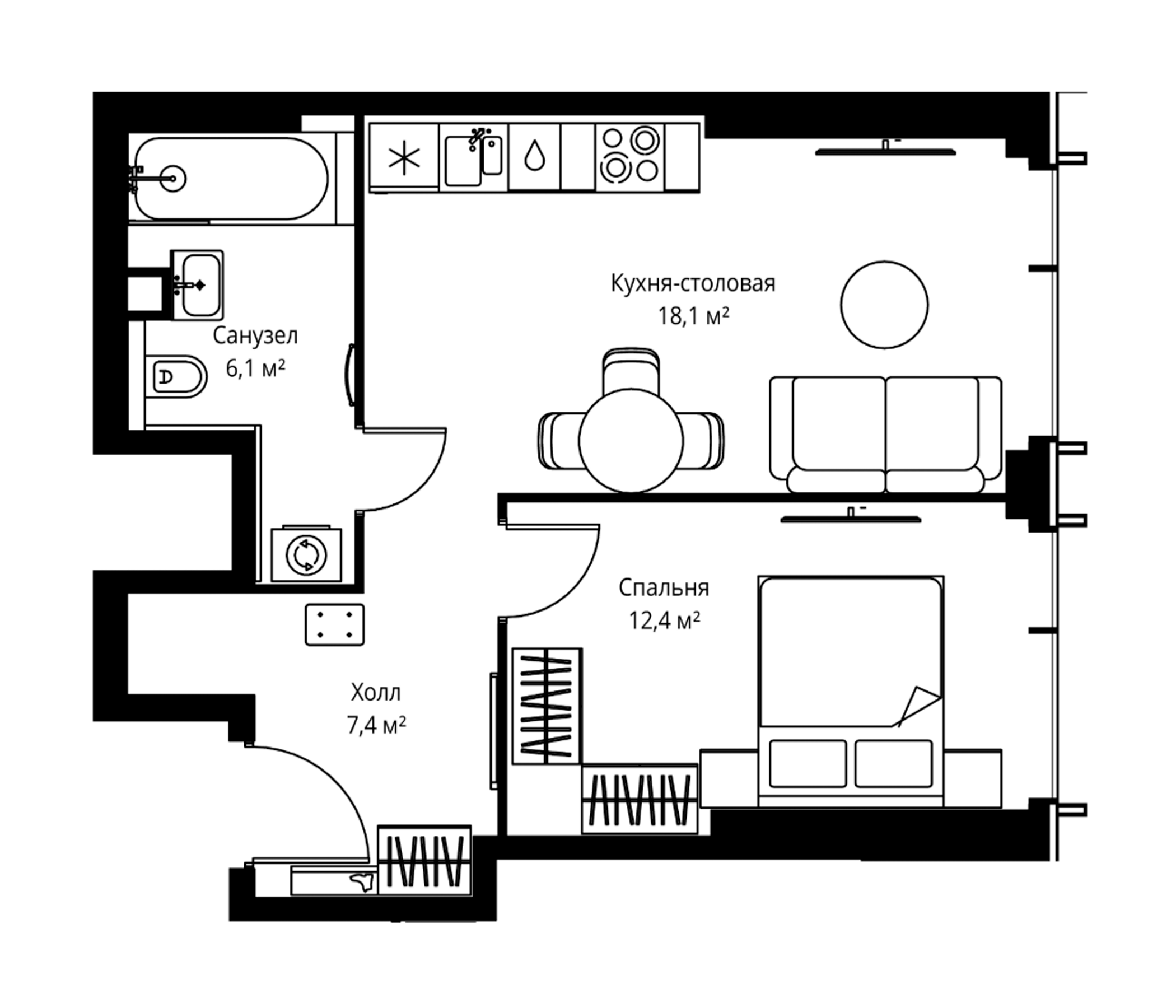 2-комн., 44 м², 12/59 этаж, ЖК «Веер»