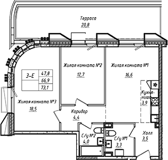 3-комн., 66.86 м², 2/21 этаж, ЖК «УНО.Соколиная гора»