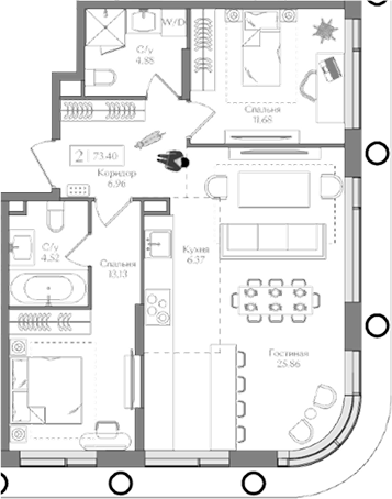 3-комн., 73.4 м², 2/16 этаж, ЖК «Преображенская площадь»