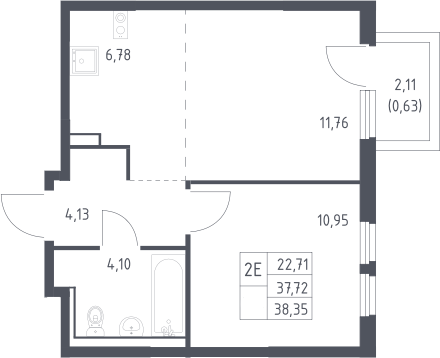 2-комн., 37.72 м², 13/17 этаж, ЖК «Пригород Лесное»