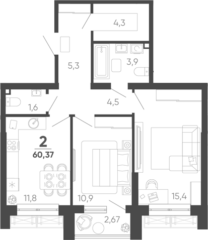 2-комн. квартира, 59.57 м² в ЖК Барса — фото 2