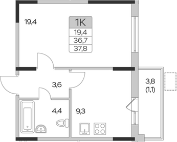 1-комн., 36.7 м², 6/9 этаж, ЖК «Пироговская ривьера. Мытищи»