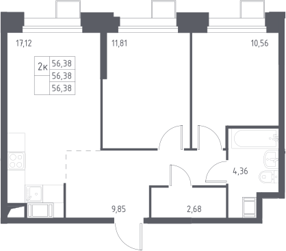 3-комн., 56.38 м², 14/23 этаж, ЖК «Тропарево Парк»