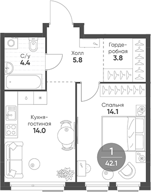 2-комн., 42.1 м², 2/7 этаж, ЖК «Шагал»