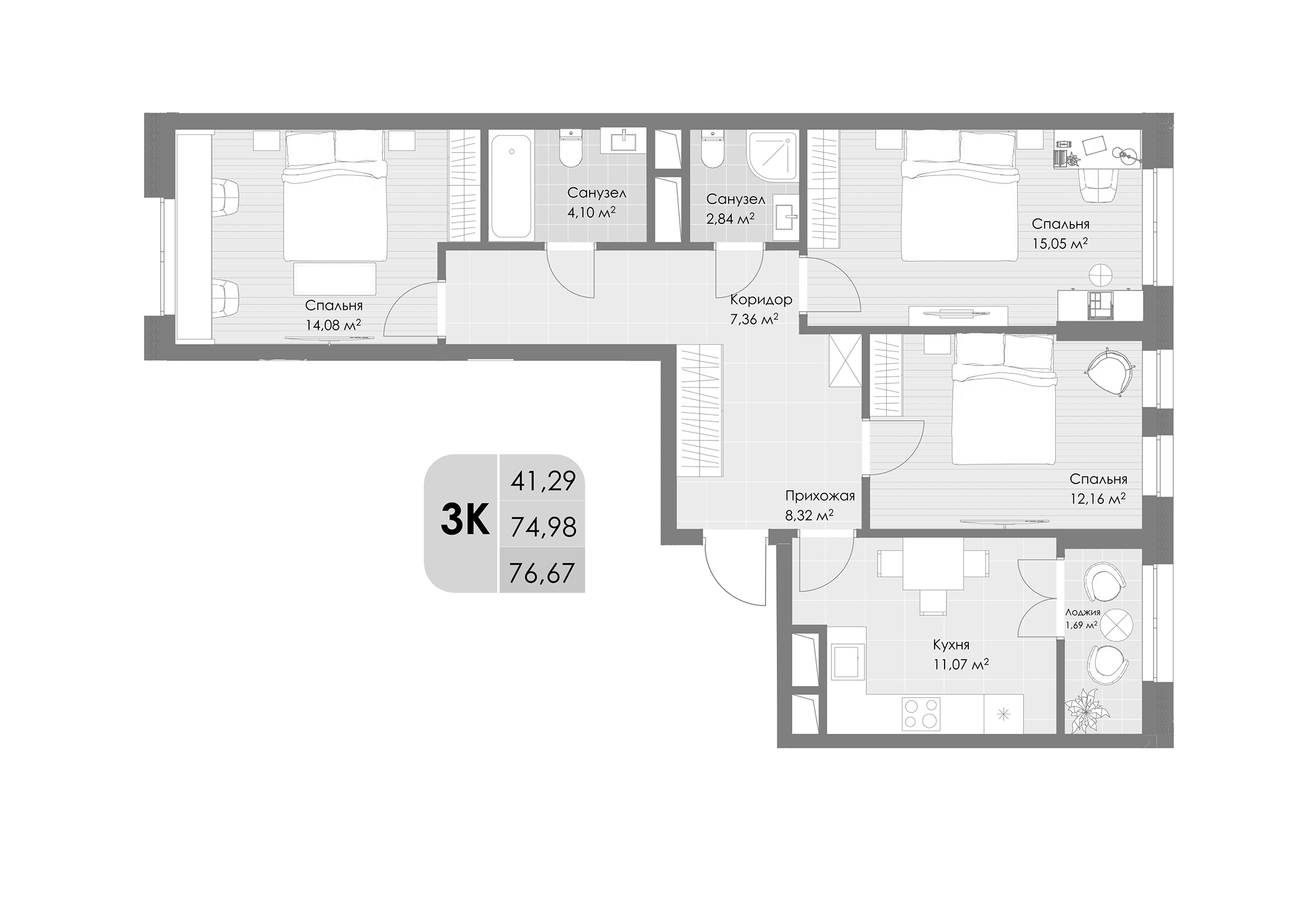 3-комн., 74.98 м², 12/30 этаж, ЖК «Дюна»