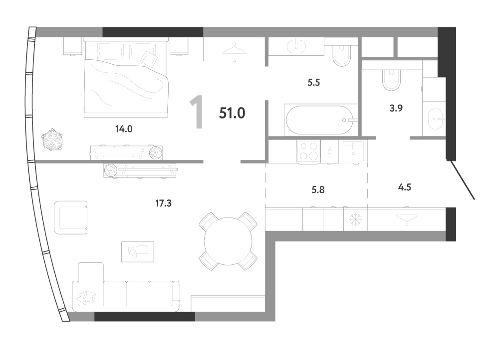 2-комн., 51 м², 54/82 этаж, ЖК «АУРУС Резиденции»