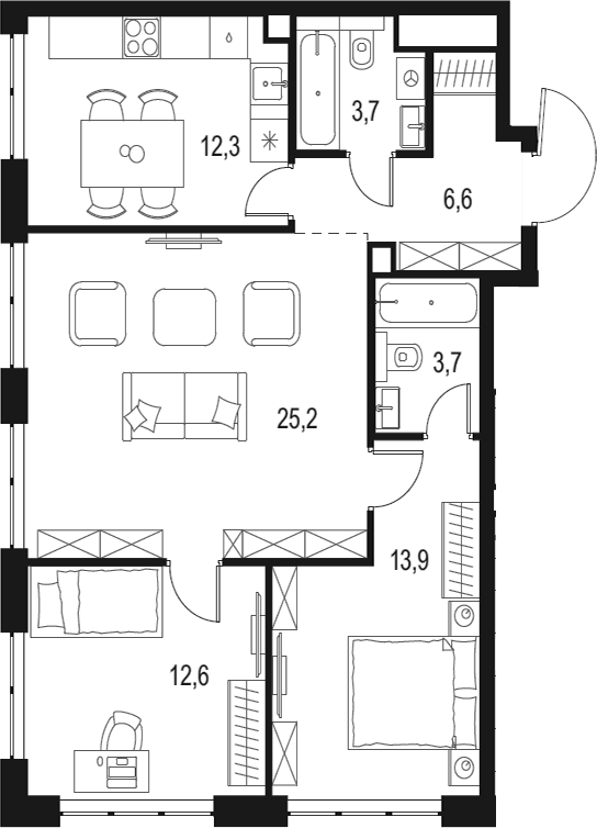3-комн., 78 м², 28/42 этаж, ЖК «Левел Мичуринский»