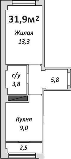 1-комн., 31.9 м², 6/9 этаж, ЖК «Европейский»