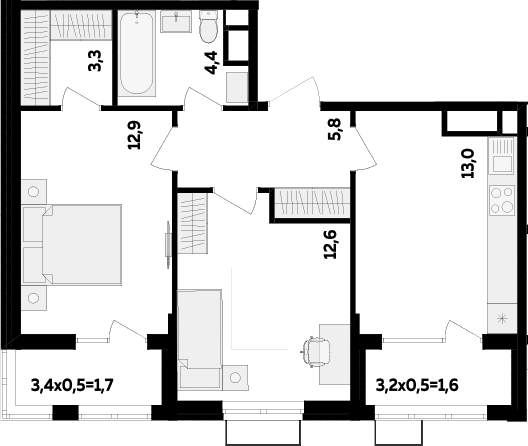 2-комн., 52 м², 6/16 этаж, ЖК «МегаСити»