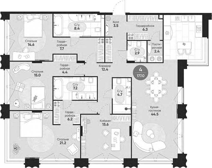 4+ комнаты, 177 м², 7/9 этаж, ЖК «Резиденция Омега»